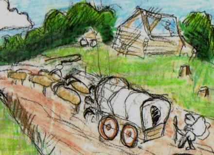 Rough sketch of the wagon train and
                house builders