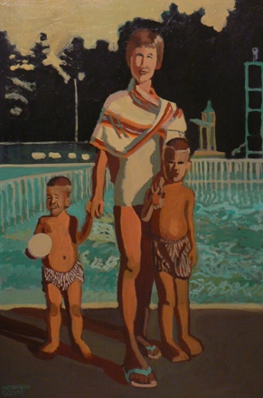 Boys With Mom, Seward Swimming Pool 40.5 x 27 Acrylic