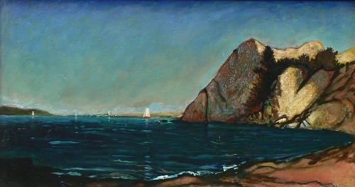 Copy of "Beacon Rock by John Kensett 1857" by Joe Tonnar oil on panel 1983