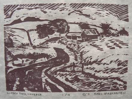Glidden Road, Waverly by Karl Marxhausen, 5 x 7 inch woodcut, 1 of 4, on vegetable parchment paper
