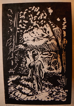 Grove Stroll by Karl Marxhausen, 6 x 4 inch, linocut, 2 of 3, on Kitakata paper