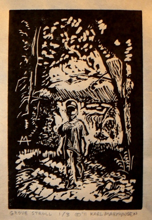 Grove Stroll by Karl Marxhausen, 6 x 4 inch, linocut on Kitakata paper, 1 of 3