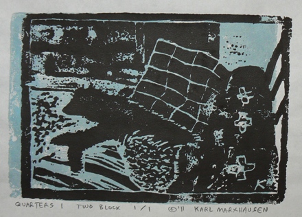 Quarters 1 by Karl Marxhausen, 5 x 7 inch woodcut, two blocks, first state,1 of 1, on eucalyptus bond