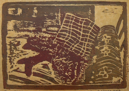 Quarters 1 by Karl Marxhausen, 5 x 7 inch woodcut, monotype, on gold parchment paper, 1 of 1