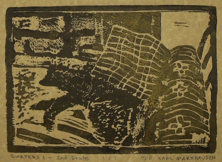 Quarters 1 by Karl Marxhausen, 5 x 7 inch woodcut, monotype, on gold parchment, 1 of 1