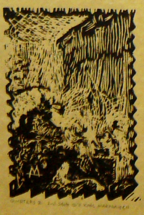 Quarters 2 by Karl Marxhausen, 7 x 5 inch woodcut, second state, on gold parchment paper