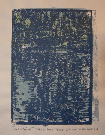 Riverbank #3 by Karl Marxhausen, 7 x 5 inch, woodcut, monotype, on Masa paper