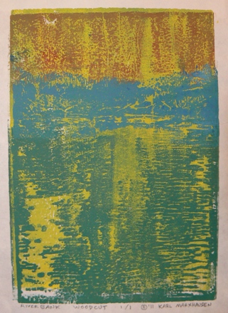 Riverbank #5 by Karl Marxhausen, 7 x 5 inch woodcut, monotype