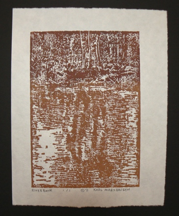 Riverbank #7 by Karl Marxhausen, 7 x 5 inch, woodcut, monotype on Masa paper