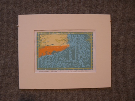 Afternoon Shade by Karl Marxhausen, 4 x 6 inch color linocut, 1 of 1, on eucalyptus bond, in mat