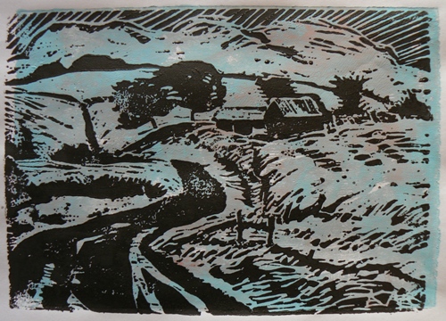 Glidden Road (mix) by Karl Marxhausen, 5 by 7 two-color woodcut
