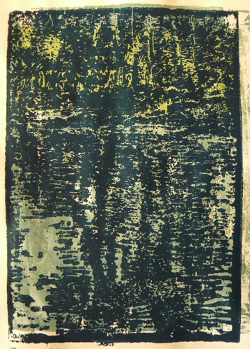 River Bank by Karl Marxhausen, 7 by 5 inch monoprint woodcut